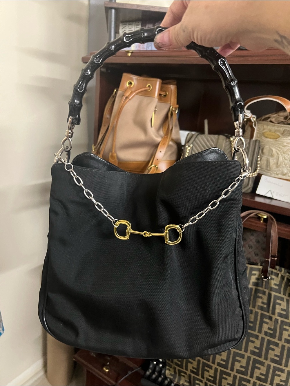 Gucci Bamboo 2-Way Bag with Original Shoulder Strap, unbranded bag chain and COA